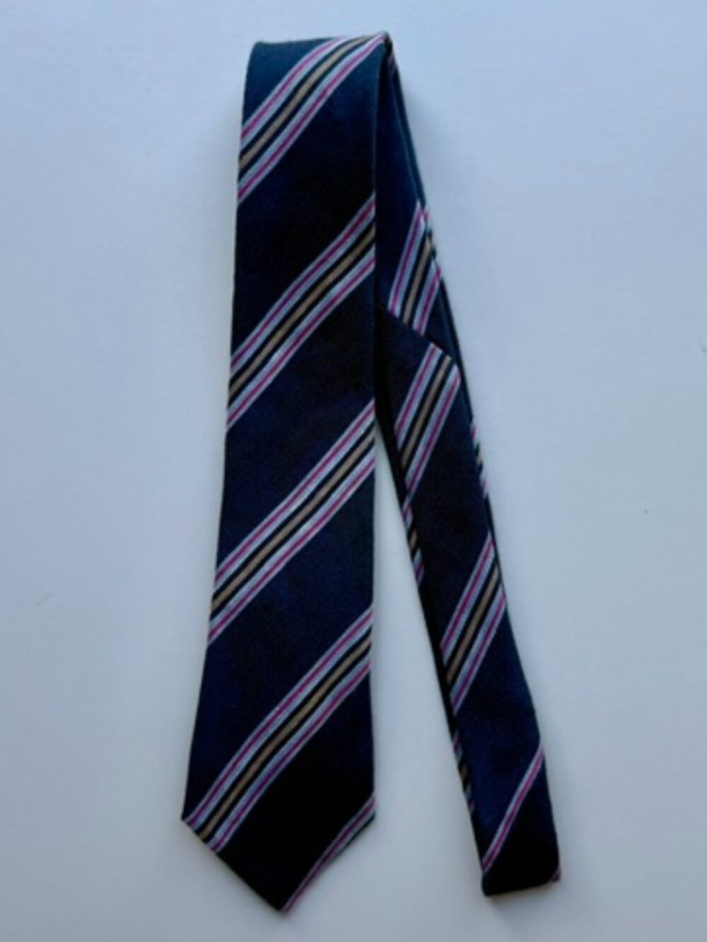 Share Paul Smith Silk & Linen Neck Tie - Blue w/ Pink & Silver Stripes - 3" wide